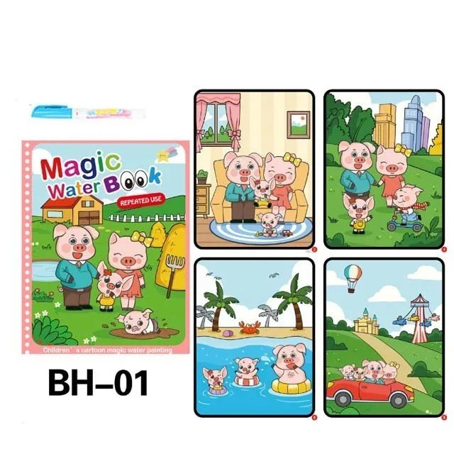 A set of pages from a Magic Water Book featuring cartoon pigs and scenes like a room, city, and tropical landscape.
