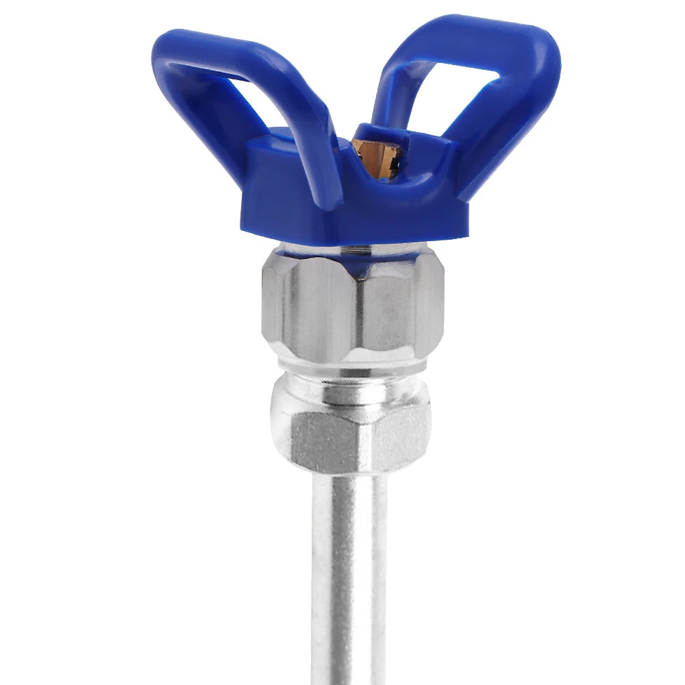 Blue airless paint sprayer extension pole with a handle and metal fitting.