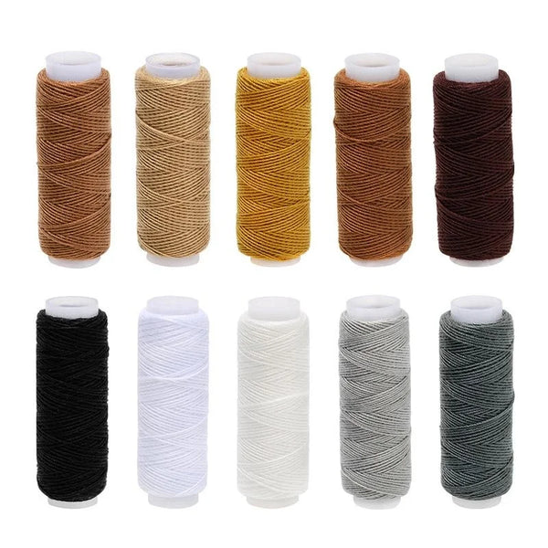 A set of ten spools of premium denim sewing thread in various colors including brown, yellow, and shades of gray.