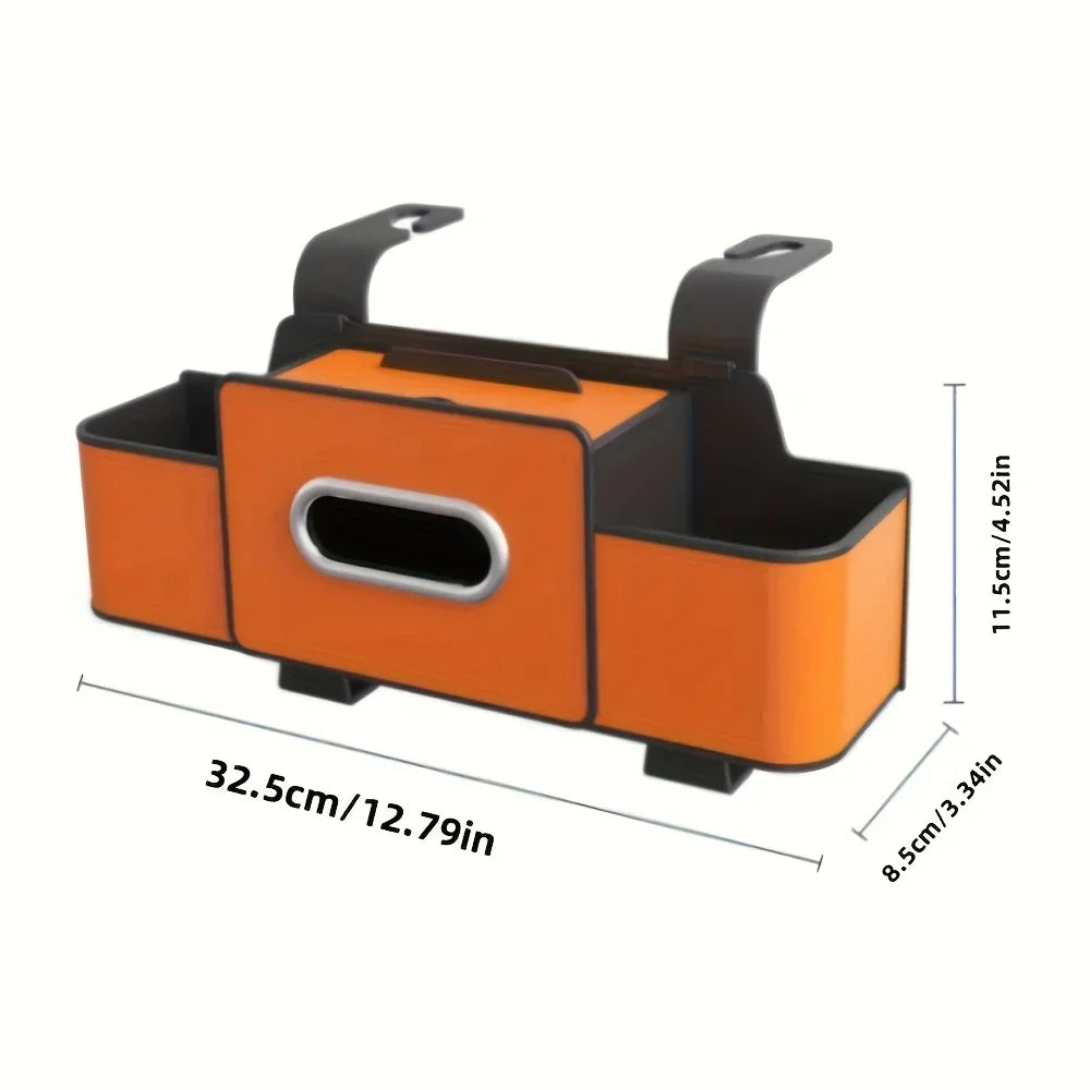 Orange and black backseat car organizer featuring cup holders and hooks.