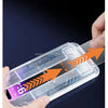 A hand is applying a clear screen protector to an iPhone using an easy-install frame, demonstrating the quick cover and peel 