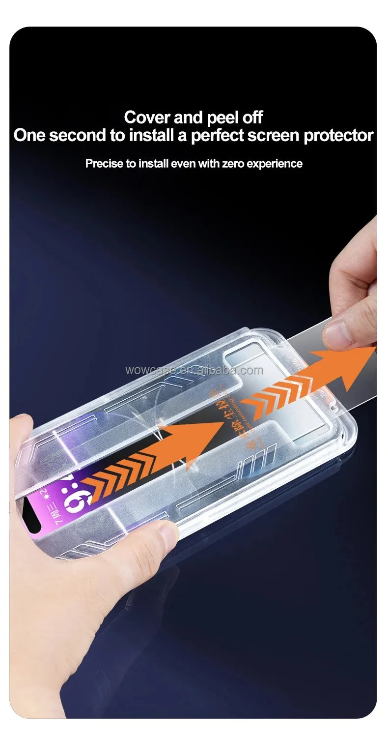 A hand is applying a clear screen protector to an iPhone using an easy-install frame, demonstrating the quick cover and peel 