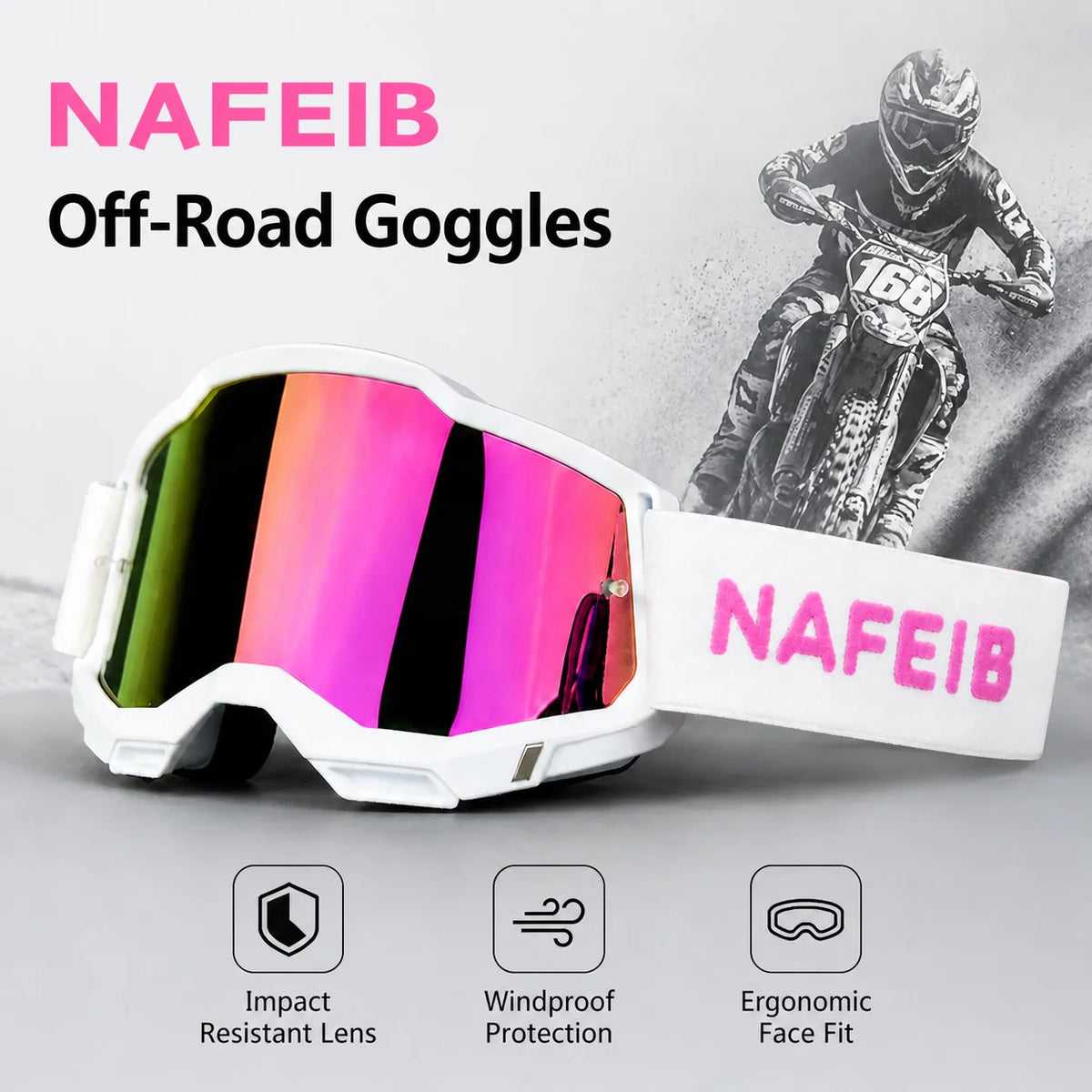 White NAFEIB off-road goggles featuring an impact resistant lens and ergonomic face fit.