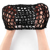 A black mesh crochet hair net is shown being worn on a person's head.
