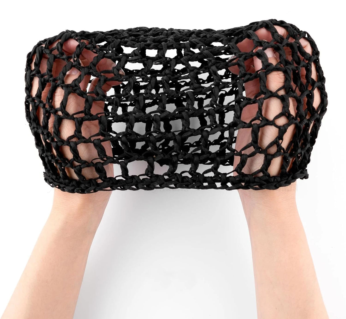 A black mesh crochet hair net is shown being worn on a person's head.