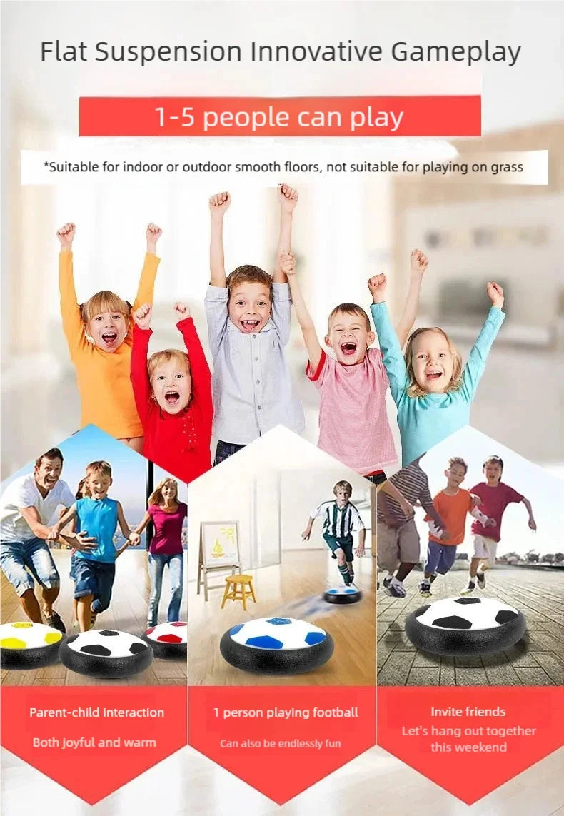 A family playing the Flat Suspension Innovative Gameplay toy, a floating air cushion soccer ball.