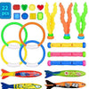 A set of pool dive and grab play toys featuring various colored plastic items including rings, blocks, and fish.