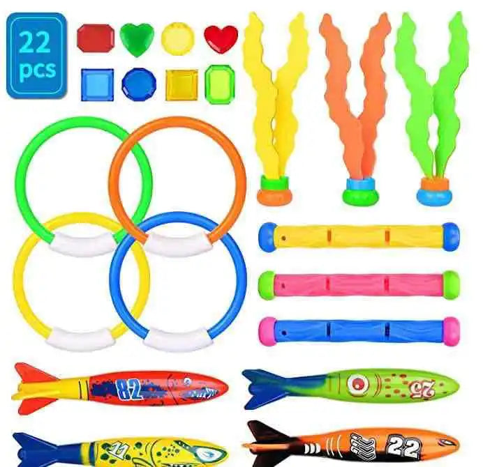 A set of pool dive and grab play toys featuring various colored plastic items including rings, blocks, and fish.