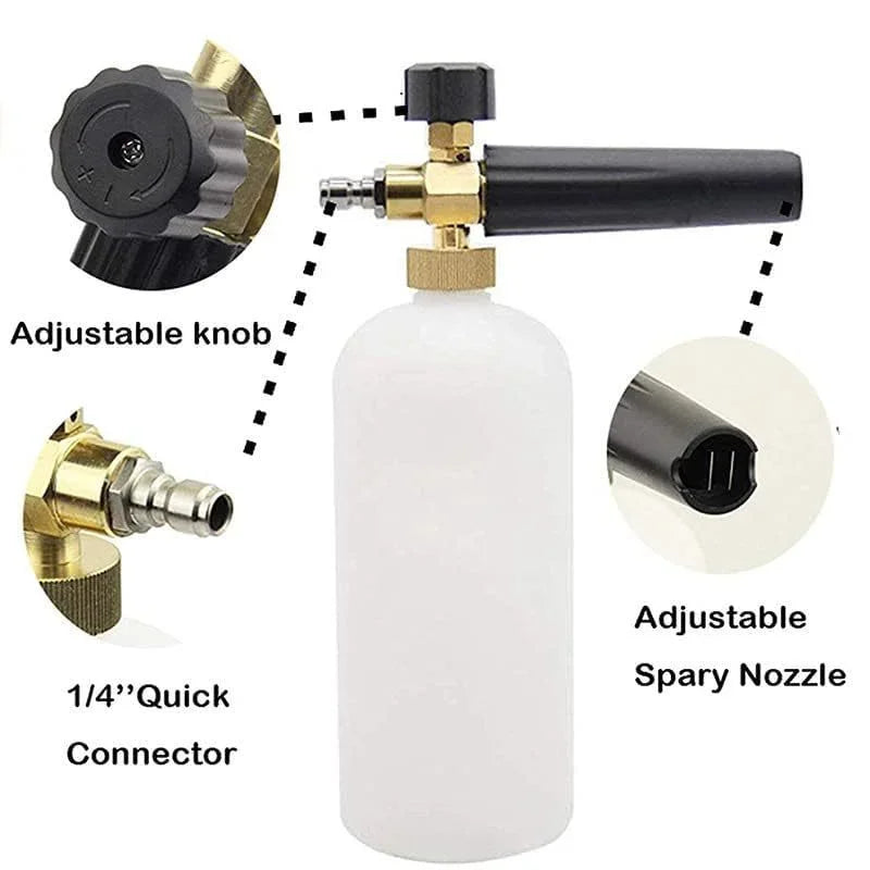 A white foam cannon bottle with an adjustable knob and a quick connector for a car wash kit.