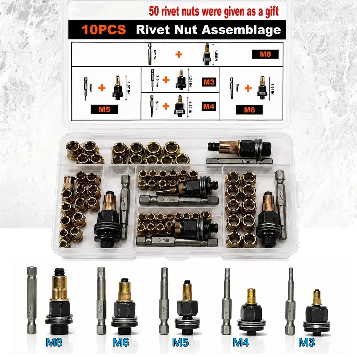 A kit of 50 rivet nuts, including M3 to M8 sizes, with various tools and assortments for riveting.