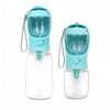 A clear glass and silicone portable pet water bottle with a teal lid and food storage compartment.