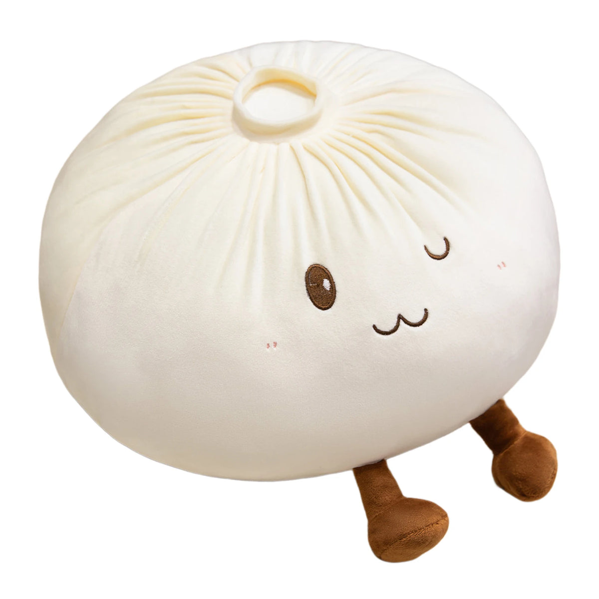Un coussin moelleux blanc rond en forme de dumpling mignon avec de petits yeux et des pattes brunes.