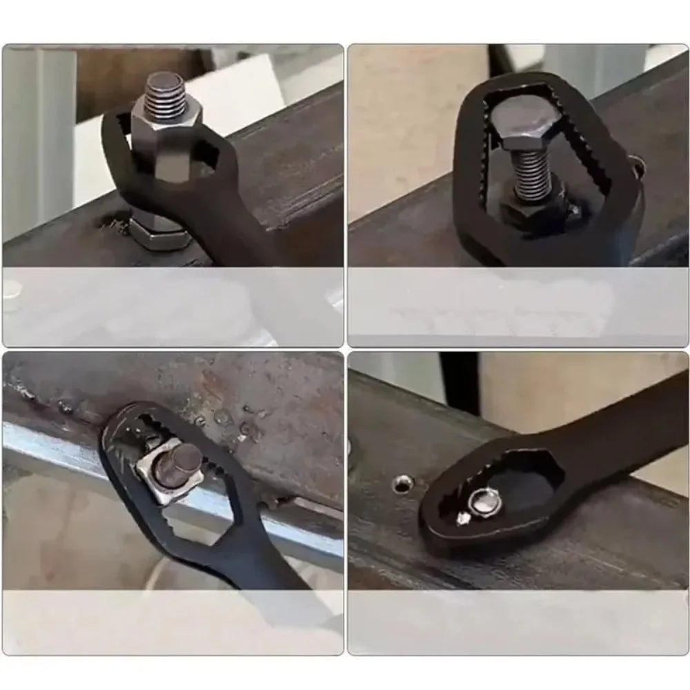 Close-up views of a black universal adjustable torx wrench with double-headed self-tightening features.