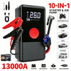 Portable 10-in-1 starter and air pump device with LED display and USB charging cables shown next to various vehicles.