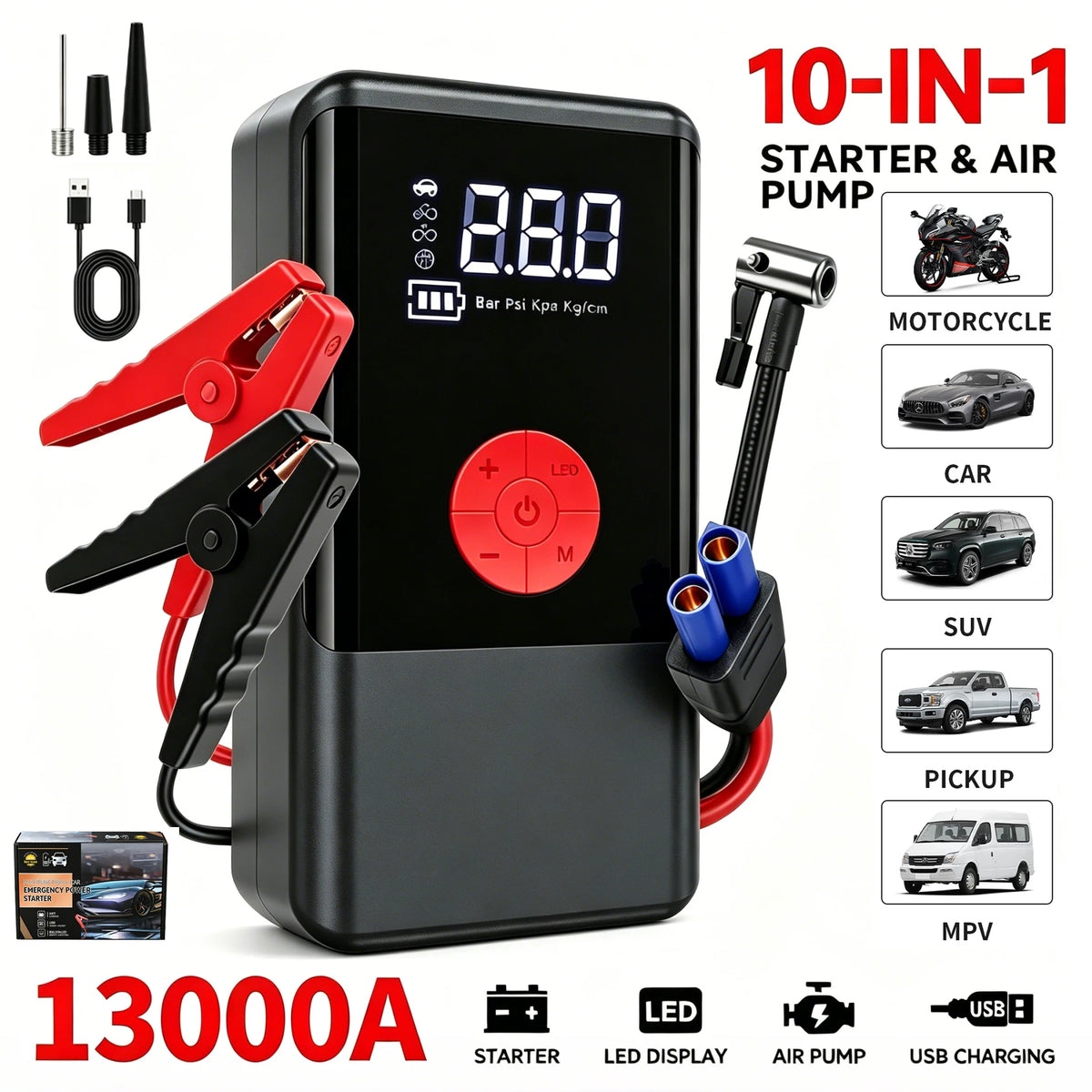 Portable 10-in-1 starter and air pump device with LED display and USB charging cables shown next to various vehicles.