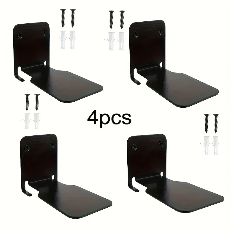 Set of four matte black heavy-duty wall-mounted floating bookshelf brackets and shelf pieces