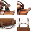 Close-up view of a brown leather shoulder strap and attachment for a mini bag.