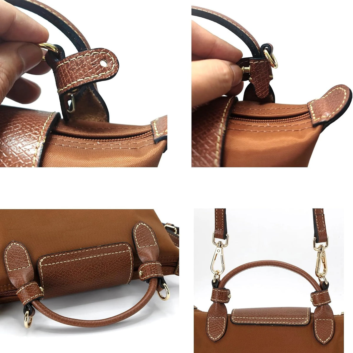 Close-up view of a brown leather shoulder strap and attachment for a mini bag.