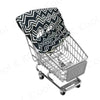 A silver shopping cart with a black and white zigzag patterned fabric cover placed inside.