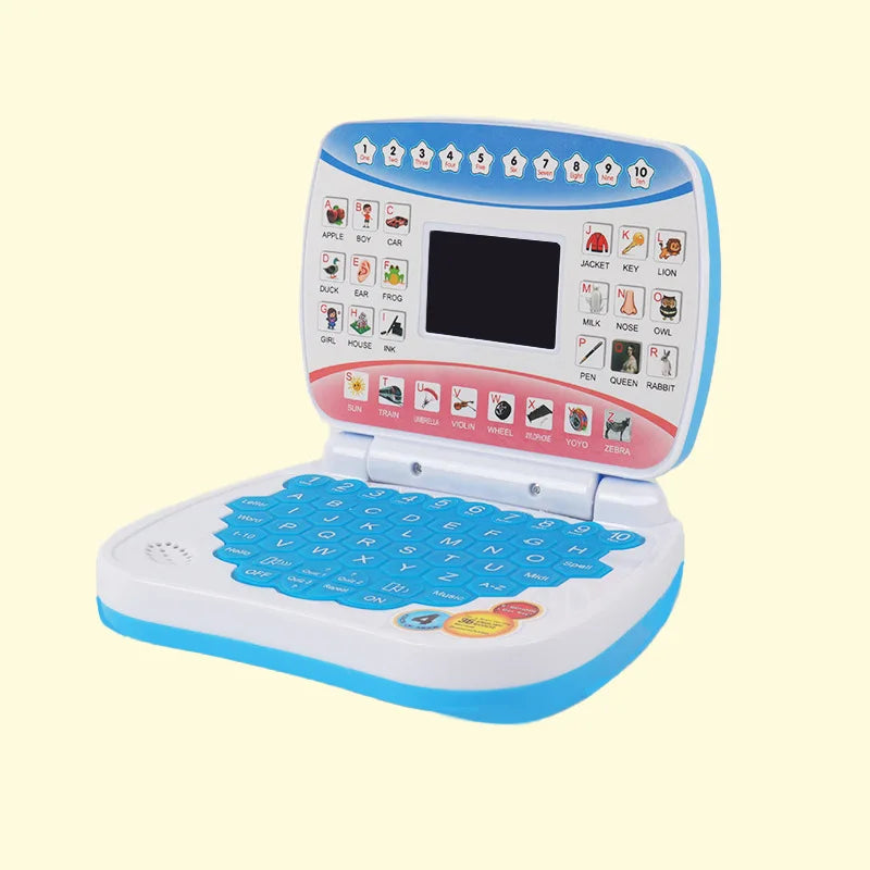 A small blue and white educational laptop toy with an LED display showing letters and pictures.