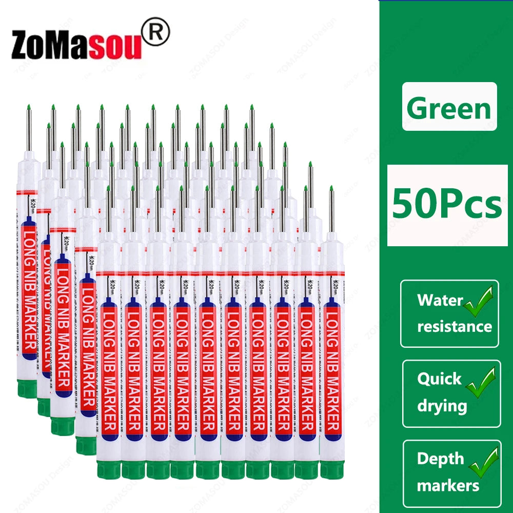 A set of green long-head waterproof deep hole markers for woodworking and construction