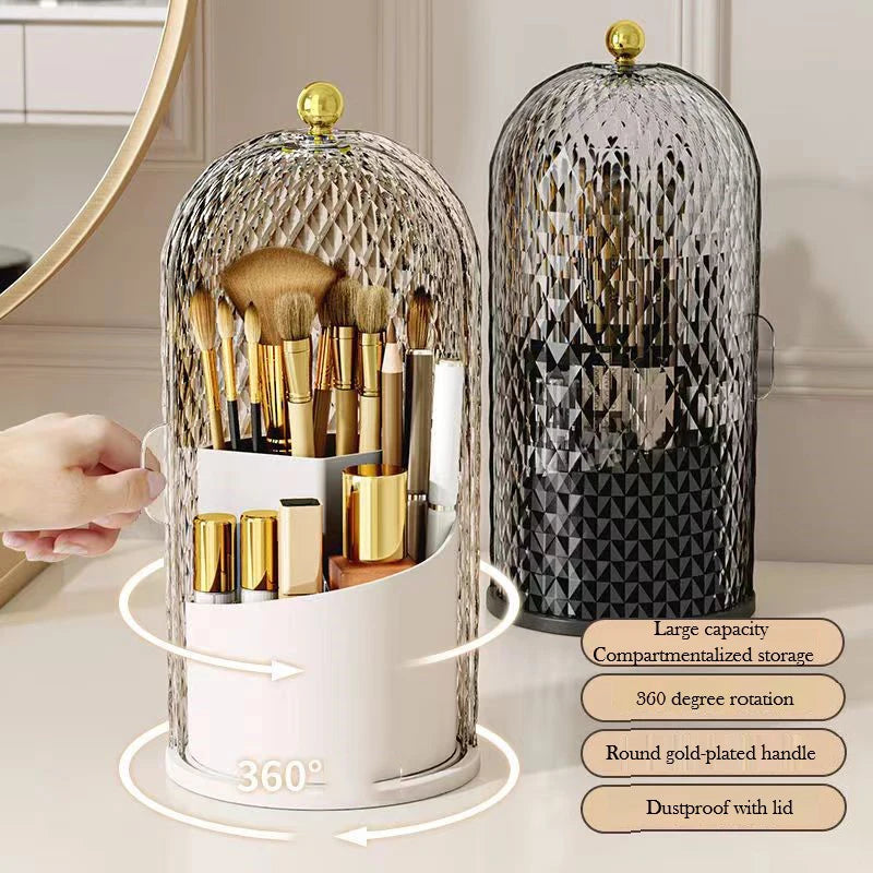 Organizador de vidrio transparente para brochas de maquillaje con tapa, diseñado para rotación de 360 grados y almacenamiento