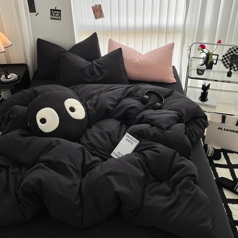 Solid Black Microfiber Duvet Cover Set with Pillowcases
