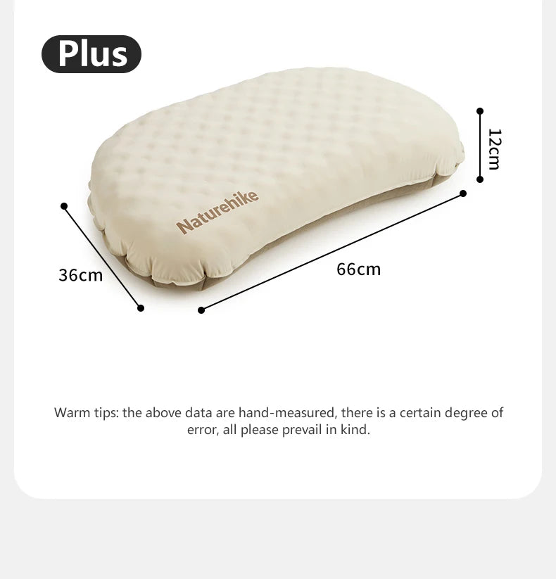 A beige foam inflatable camping pillow with dimensions 36cm long, 66cm wide, and 12cm high.