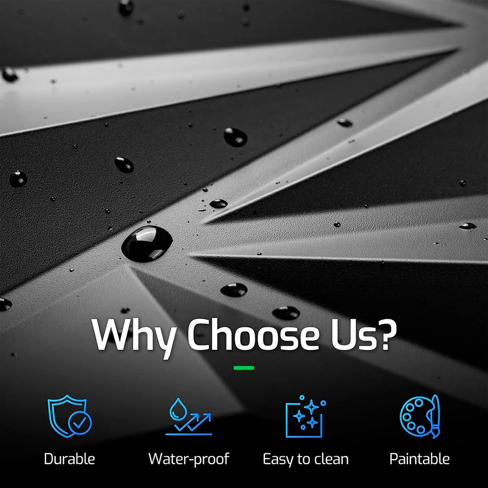 Close-up of black diamond textured wall panels with water droplets, showing durability and paintability features.