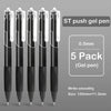 A pack of five black ST push gel pens with 0.5mm fine points and a retractable design.