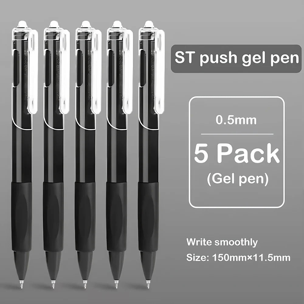 A pack of five black ST push gel pens with 0.5mm fine points and a retractable design.