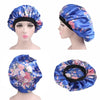 Blue floral satin hair bonnet shown on a mannequin in various views.