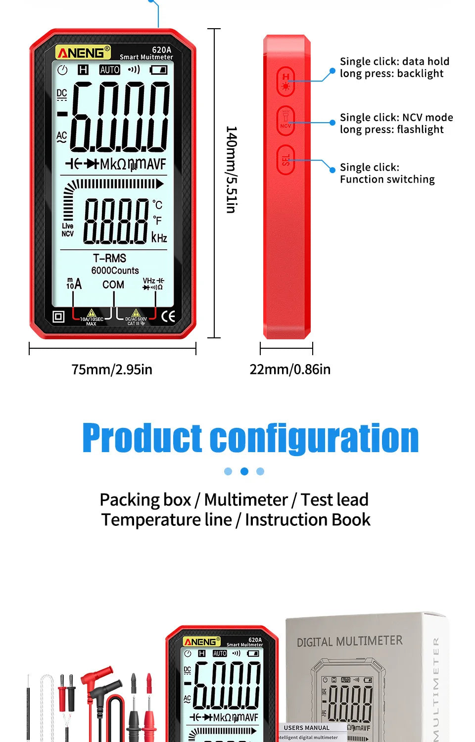 An ENG Smart Multimeter device showing a digital display and various function buttons.