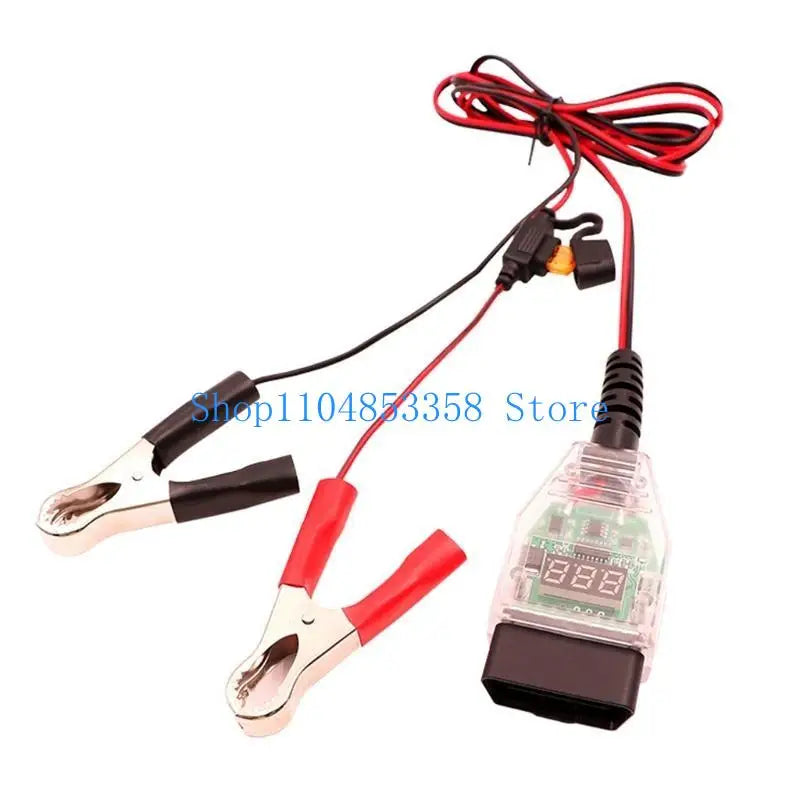 Red and black OBD2 battery memory saver device with a digital display and wiring.