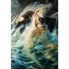 A dramatic oil painting depicting a nude figure emerging from turbulent blue water, with a second figure embracing them.