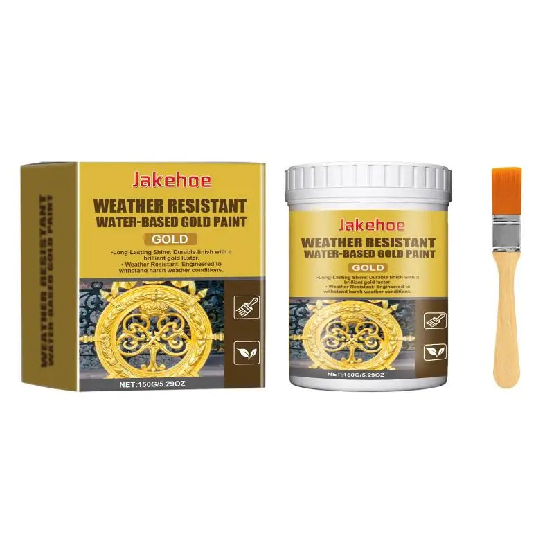 Jar of Jakehoe weather resistant water-based gold paint for indoor and outdoor decor