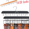 A set of 14 to 20 metal hooks and wooden hangers for organizing belts, hats, and accessories.