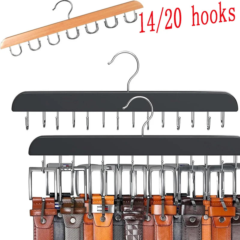 A set of 14 to 20 metal hooks and wooden hangers for organizing belts, hats, and accessories.
