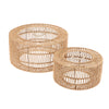 Two round pendant lampshades made of woven paper rope in a natural beige color.