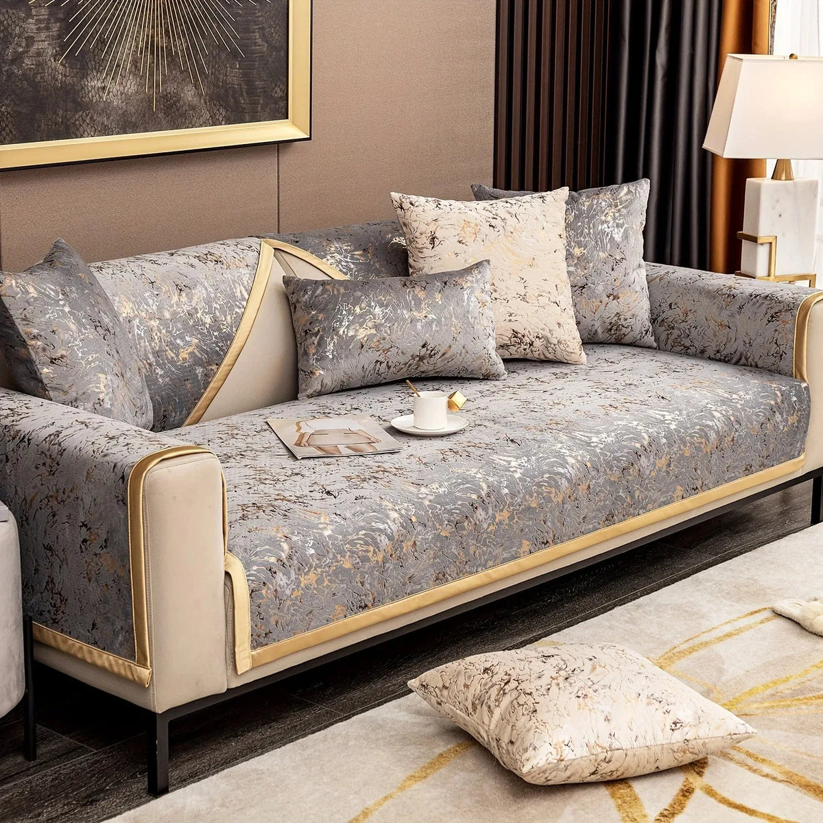 Gold-Foil Velvet Sofa Cushion Cover – Non-Slip, Machine Washable