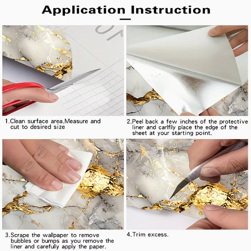 Application instructions showing how to peel and stick a golden marble peel-and-stick kitchen backsplash