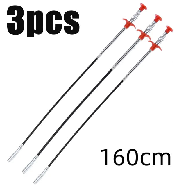 Three 160cm bendable drain augers with claw grabbers for hair and clog removal.