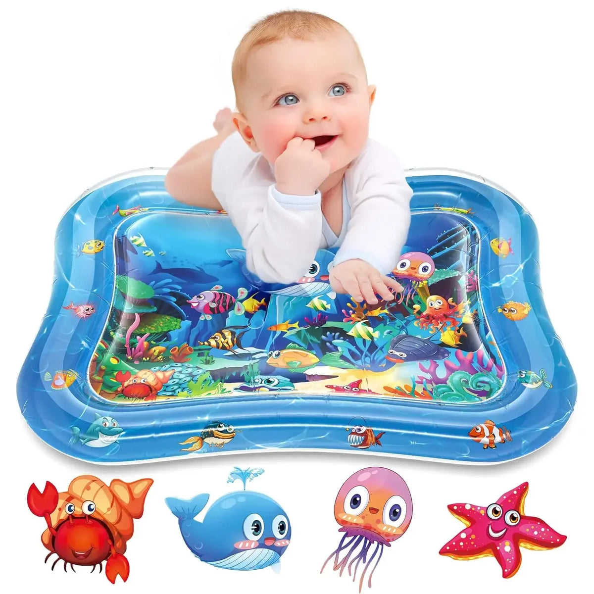 A baby is playing on a blue inflatable water mat featuring colorful fish and sea creatures.