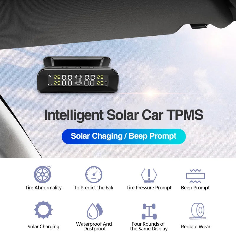 An intelligent solar car TPMS device with a digital display and buttons is shown on a vehicle's interior panel.