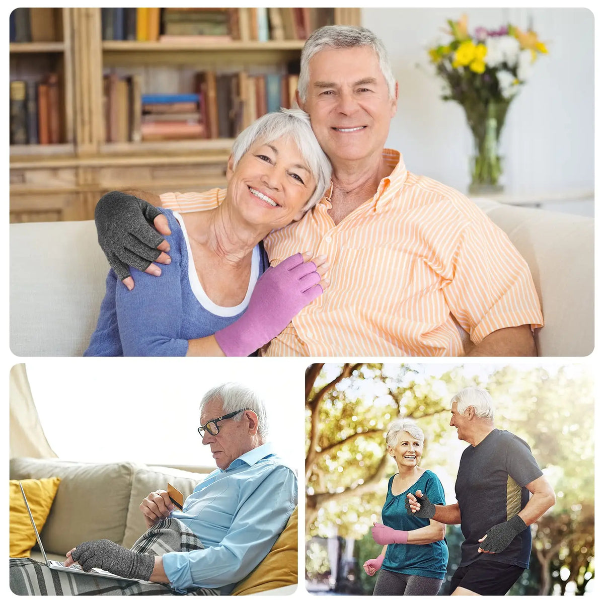 A smiling elderly couple wearing fingerless compression gloves for arthritis and carpal tunnel relief