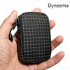 A black Dyneema utility pouch with a checkered pattern is held in a hand.