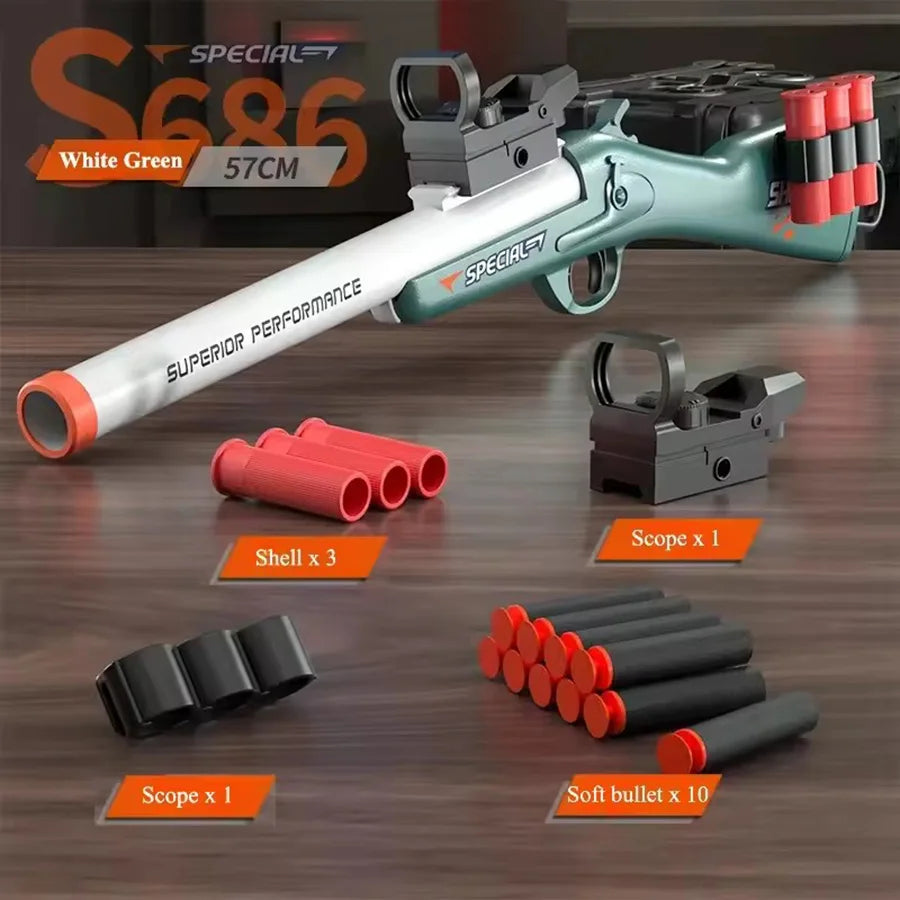 A white green S686 rifle is shown with various components including shells, a scope, and soft bullets.
