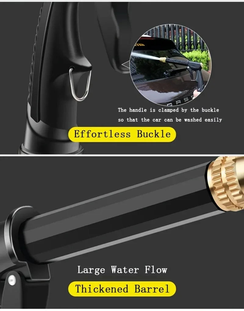 Close-up of a black high-pressure car wash gun showing the handle clamp and thickened barrel for large water flow