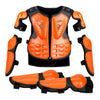 Kids motocross body armor set featuring a black and orange chest protector, elbow pads, and knee pads.