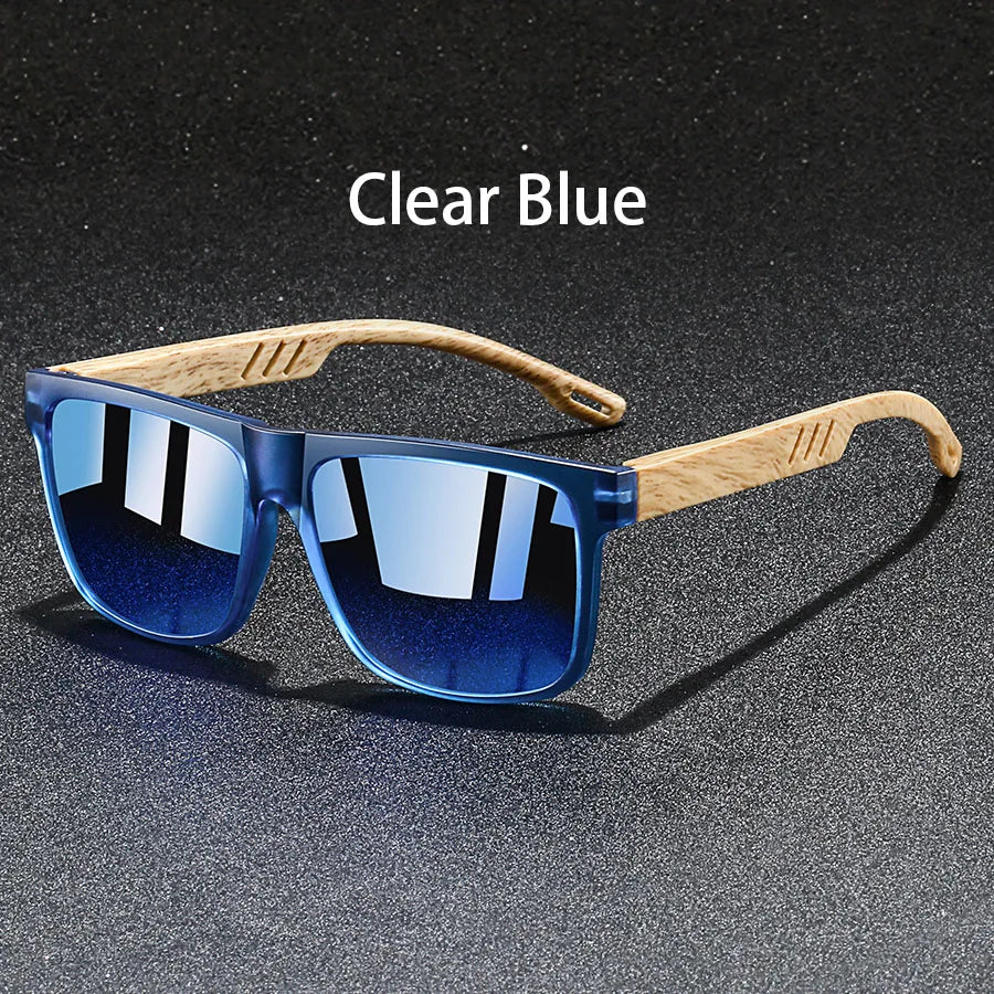 Clear Blue vintage square sunglasses with wooden frames shown on a dark surface.